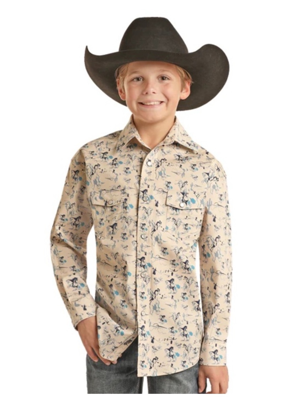 $55 NWOT Rock & Roll Denim Youth Boy's Running Horse Print Beige Snap Shirt XS